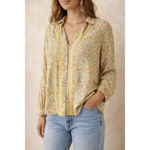 Pilcro Anthropologie Floral Boho Blouse Mustard Yellow Paisley Button Front Sm